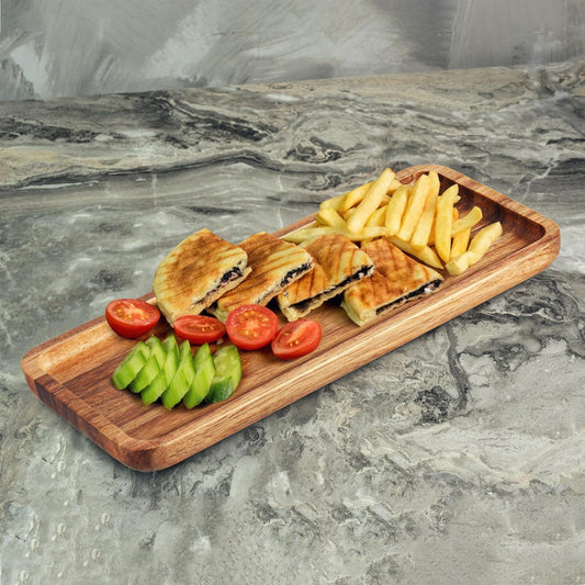 Set of 3 Natural Acacia Wood Serving Trays | 12" x 5.1" Rectangular Platters for Snacks, Fruits, Breakfast, or Jewelry Display